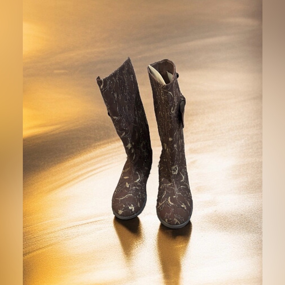Joan Boyce Brown Boots w/Gold Embroidered Design & Brown Satin Bow Sz-9.5 W NWOB - Picture 13 of 16